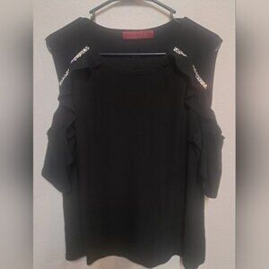 Love Scarlett Womens Black Cold Shoulder Rhinestone Blouse Top XL Ruffle